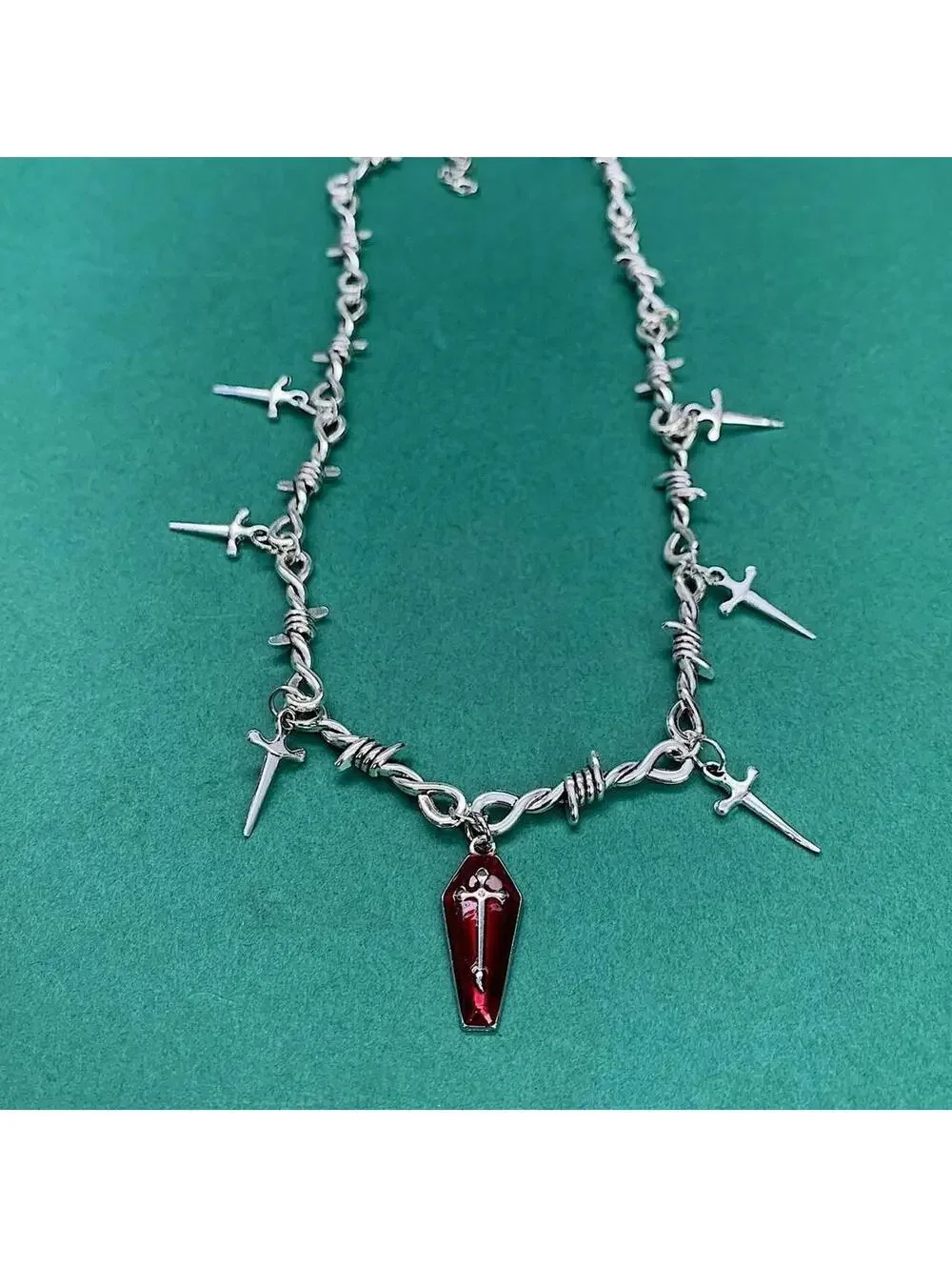 Y2k 2000s punk barbed wire knife cross red coffin pendant emo grunge style